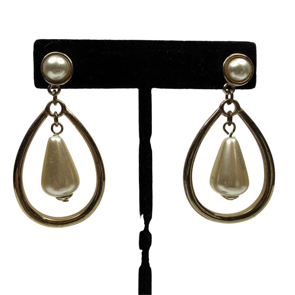 Elegant Classic Gold Tone Teardrop Dangle Earrings Faux Pearl Drops & Studs 2 in